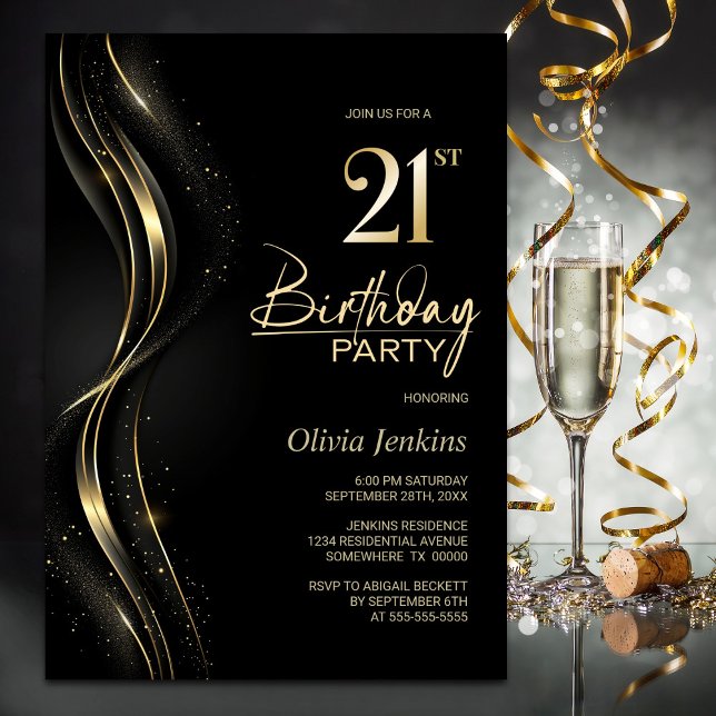 Snyggt Black och Guld 21:a födelsedagen Party Inbjudningar (Skapare uppladdad)