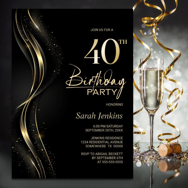 Snyggt Black och Guld 40:e födelsedagen Party Inbjudningar (Skapare uppladdad)