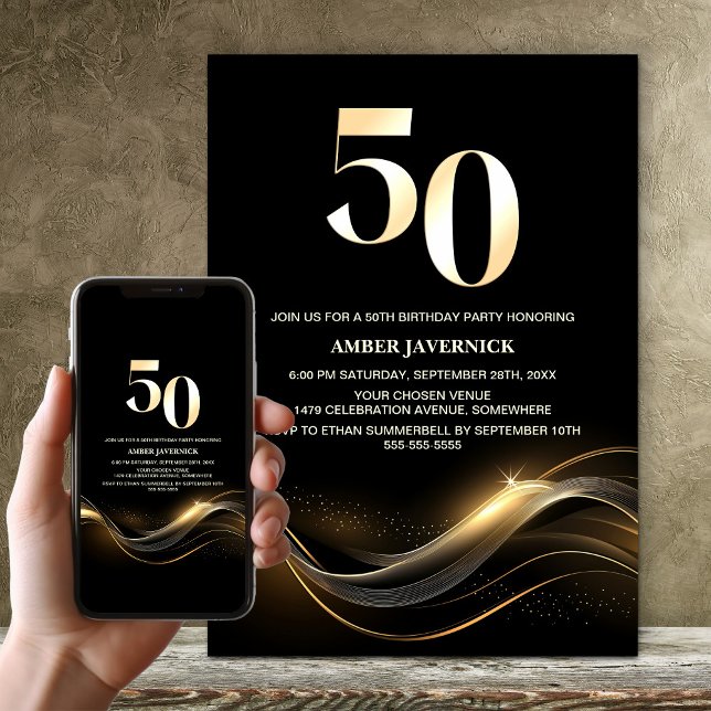 Snyggt Black och Guld 50:e Födelsedagsfesten Inbjudningar (Skapare uppladdad)
