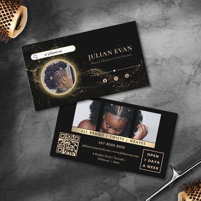 Snyggt Black och Guld African Hair Braiding Visitkort (Stylish Black and Gold African Hair Braiding Business Card)