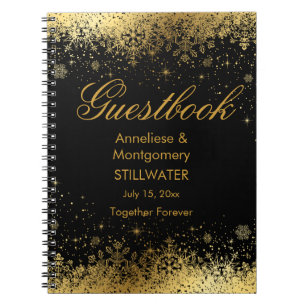 Snyggt Black och Guld Snöflingor - Guestbook Anteckningsbok Med Spiral