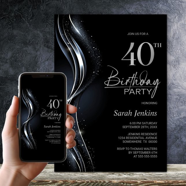 Snyggt Black och Silver 40:e födelsedagen Party Inbjudningar (Skapare uppladdad)