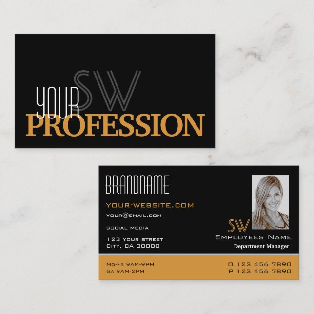 Snyggt Black Orange - enkelt Monogram och foto Visitkort (Fram/baksida)