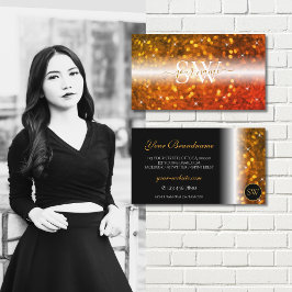 Snyggt Black Orange Sparkling Glitter Monogram Visitkort