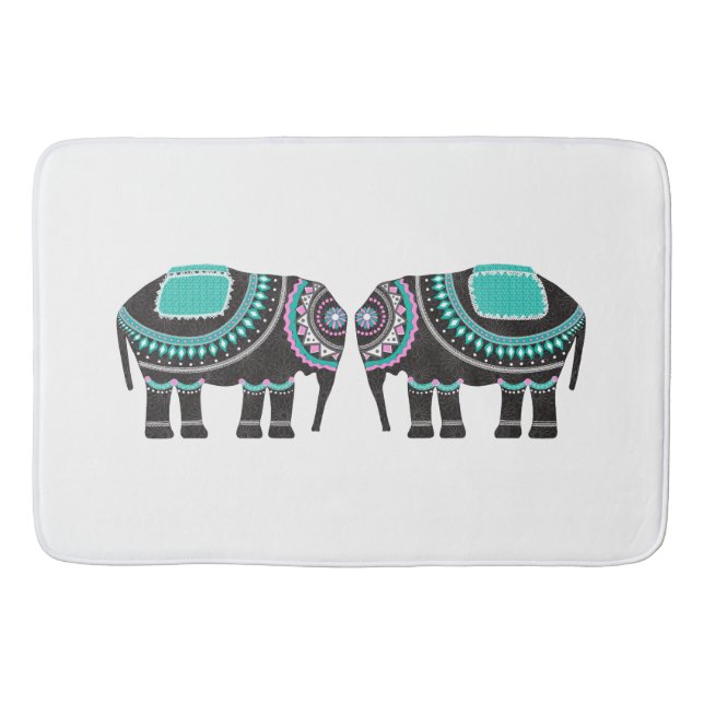 Snyggt Black Ornate Elephants Design, Modern Blue Badrumsmatta (Framsidan)