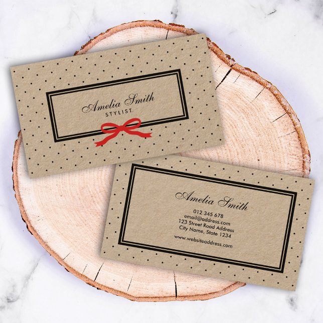 Snyggt Black Polka Dot och Red Ribbon Kraft Visitkort (Skapare uppladdad)