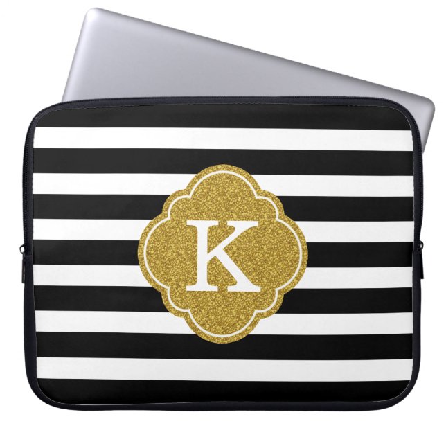 Snyggt Black Rand Guld Monogram Laptop Sleeve (Framsidan)