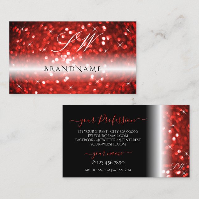 Snyggt Black Red Gnistra Glitter Monogram Modern Visitkort (Fram/baksida)