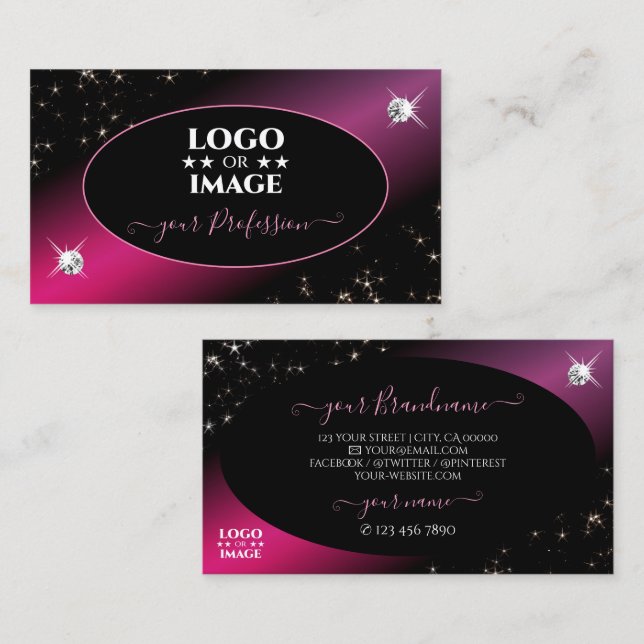 Snyggt Black Rosa Glitter Stars Diamonds Lägg till Visitkort (Fram/baksida)