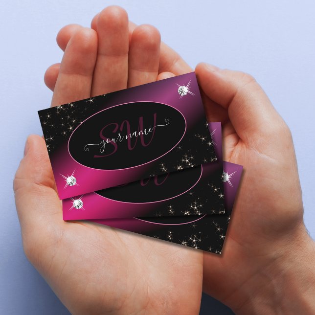 Snyggt Black Rosa Glitter Stars Diamonds Monogram Visitkort (Skapare uppladdad)