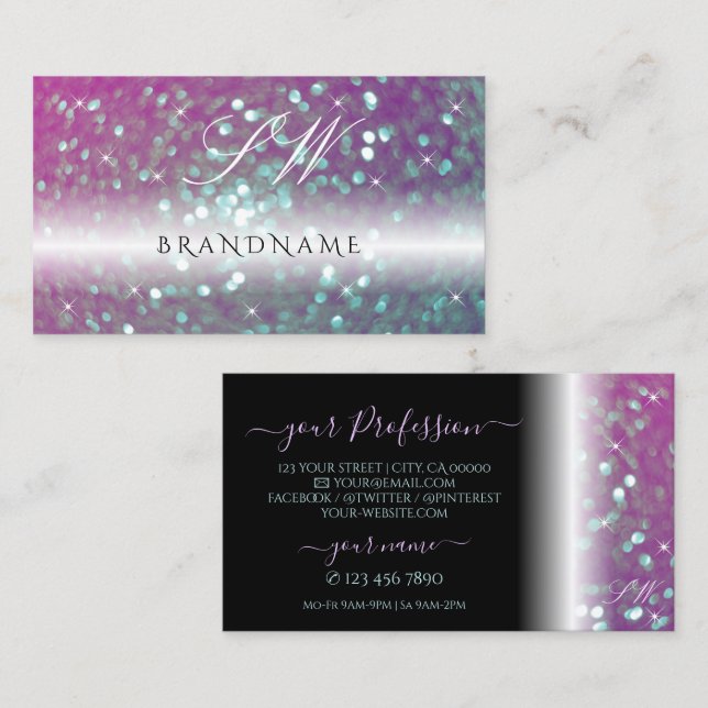 Snyggt Black Rosa Teal Sparkling Glitter Monogram Visitkort (Fram/baksida)