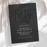 Snyggt Black Script 40:e Vuxens födelsedag Inbjudningar<br><div class="desc">Utformningen har en övertoningsbakgrund för mörken med en "fyrtio" ord som är modigt utmärkande i glansigt svart brev. Men det finns något mer att göra: brev skapar en skuggeffekt för coolan och skapar att de ser ut som om de kommer ut från sidan. Det är inte vilket nummer som helst,...</div>