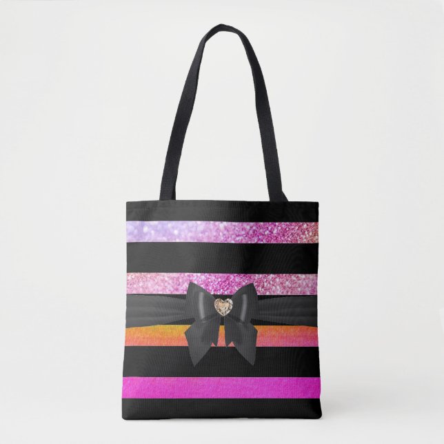 Snyggt Black Stripe Rosa Glittery Shades Bow Tygkasse (Framsida)