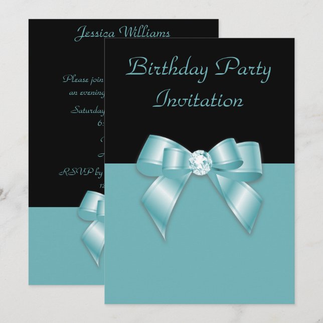 Snyggt Black & Teal Diamond Bow Birthday Inbjudningar (Fram/baksida)