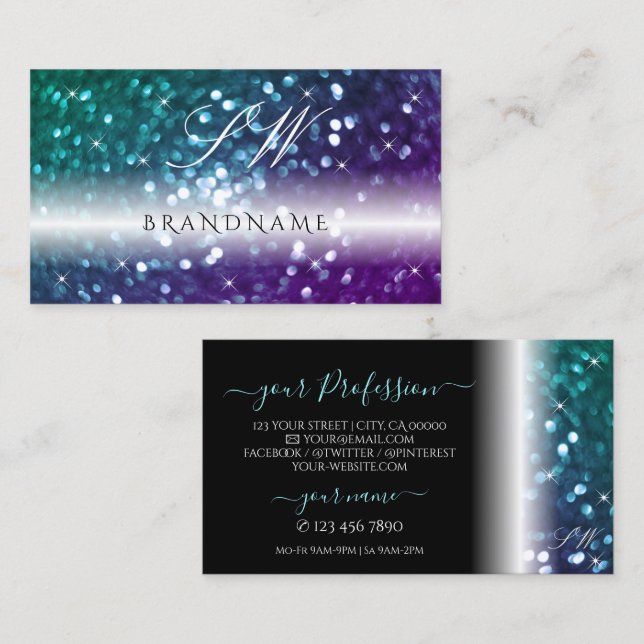 Snyggt Black Teal Lila Gnistra Glitter Initialer Visitkort (Fram/baksida)