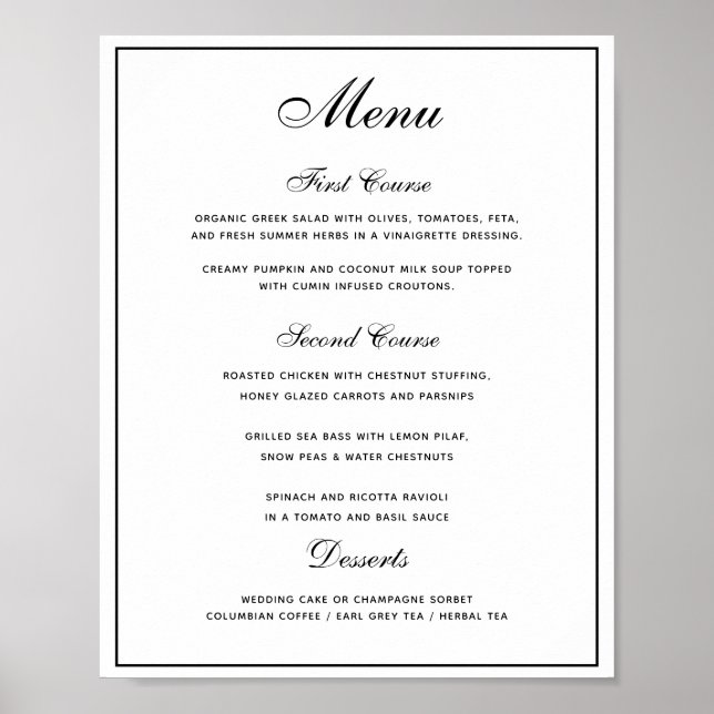 Snyggt Black White 3-kurs Bröllop Menu Poster (Framsidan)