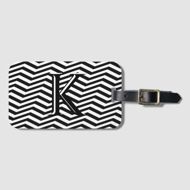 Snyggt Black White Chevron Rand Monogram Anpassnin Bagagebricka (Framsida horisontal)