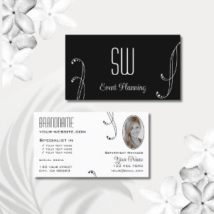 Snyggt Black White Ornate med Monogram och Photo Visitkort