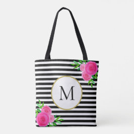 Snyggt Black White Stripe Rosa Blommigt Monogram Tygkasse