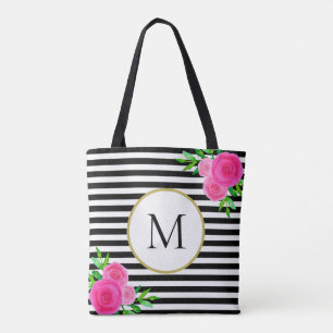Snyggt Black White Stripe Rosa Blommigt Monogram Tygkasse