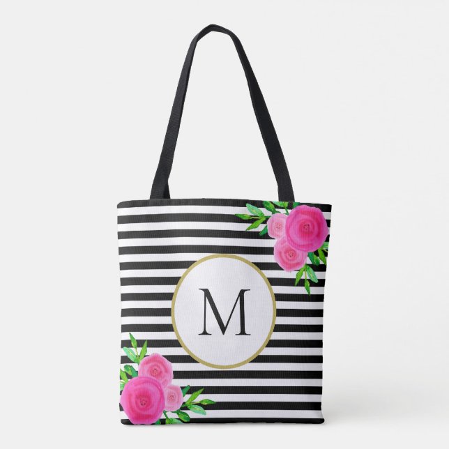 Snyggt Black White Stripe Rosa Blommigt Monogram Tygkasse (Baksida)