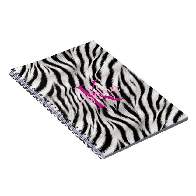 Snyggt Black White Zebra Animal Rosa Monogram Anteckningsbok (Högra Sidan)