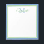Snyggt blåklintblått och salvia grönt monogram anteckningsblock<br><div class="desc">Personalisera denna snygga mjuka salvia gröna,  blåklintblåa och vita monogram anteckningsbok med ditt val av namn och initial.</div>