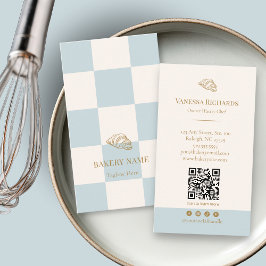Snyggt Blått Rutigt Café Croissant QR Bageri Visitkort