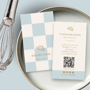Snyggt Blått Rutigt Café Croissant QR Bageri Visitkort