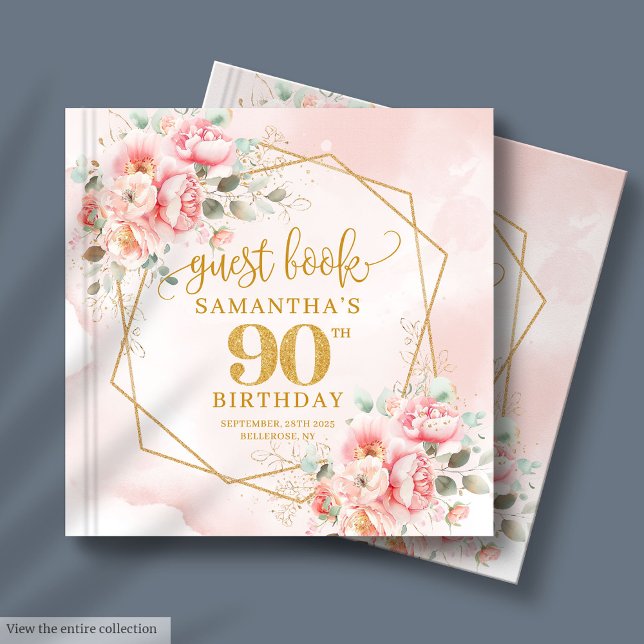 Snyggt Blek Rosa Guld Glitter Blommigt  90 födelse Gästböcker (Stylish Pale Pink Gold Glitter Floral 90 Birthday Guest Book)