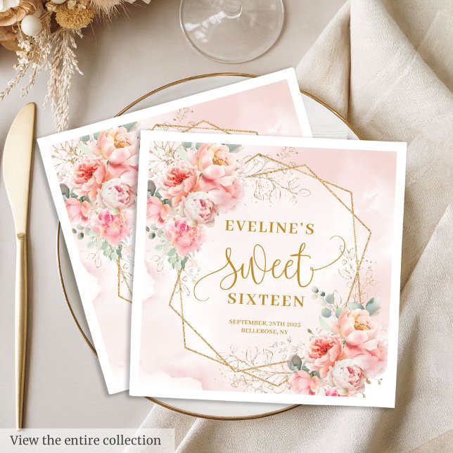 Snyggt Blek Rosa Sage and Guld Blommigt Sweet 16 Pappersservett (Stylish Pale Pink Sage and Gold Floral Sweet Sixteen Napkins)