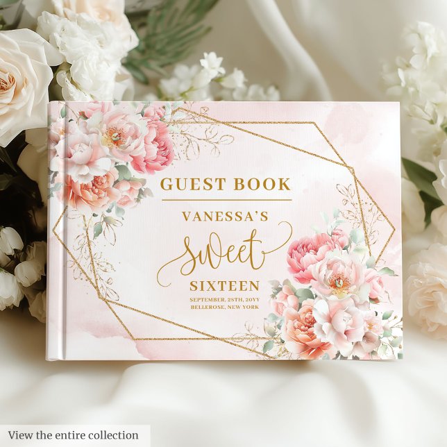 Snyggt Blek Rosa Sage Guld Blommigt Sweet sixteen Gästböcker (Stylish Pale Pink Sage Gold Floral Sweet Sixteen Guest Book )
