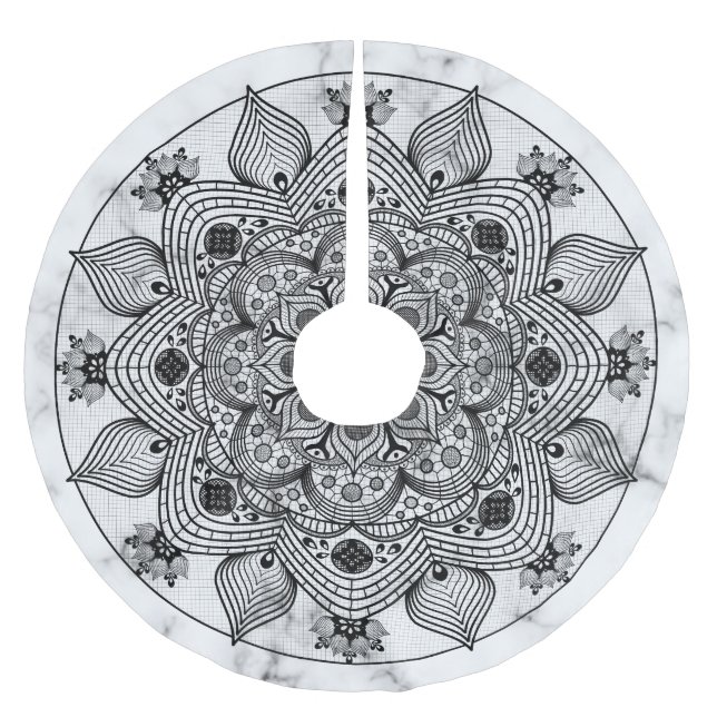 Snyggt Blommigt Black and White Mandala Julgransmatta Borstad Polyester (Framsidan)