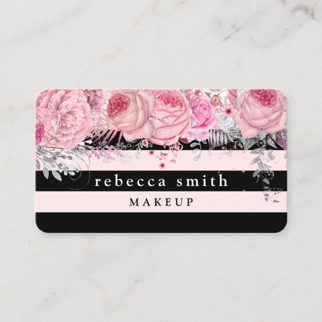 Snyggt blommigt Black rosa rand makeup artist Visitkort (Framsida)