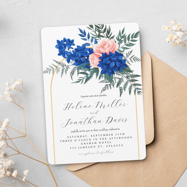 Snyggt Blommigt Elegant Cobalt Blue Rosa Bröllop Inbjudningar (Stylish Floral Elegant Cobalt Blue Pink Wedding Invitation)