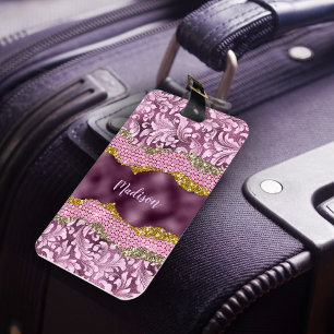 Snyggt blommigt glitter Lila rosa guld monogram Bagagebricka