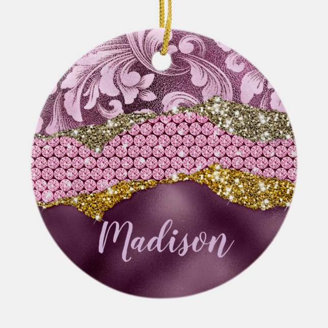 Snyggt blommigt glitter Lila rosa guld monogram Julgransprydnad Keramik (Framsidan)