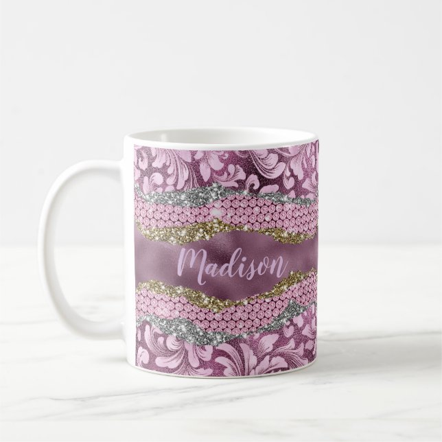 Snyggt blommigt glitter Lila rosa guld monogram Kaffemugg (Vänster)