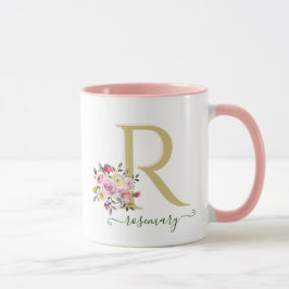 Snyggt Blommigt Guld Rosa DIN Monogram Namn     Mugg
