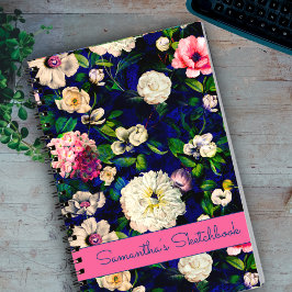 Snyggt blommigt rosa Blå monogram mönster Anteckningsbok