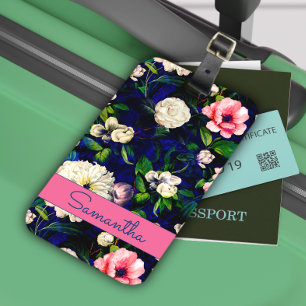 Snyggt blommigt rosa Blå monogram mönster Bagagebricka