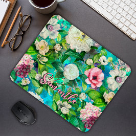 Snyggt blommigt rosa Blå monogram mönster Musmatta