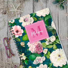 Snyggt blommigt rosa blommor grönt monogram mönste anteckningsbok