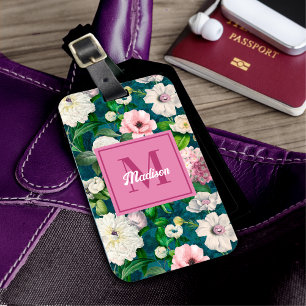 Snyggt blommigt rosa blommor grönt monogram mönste bagagebricka