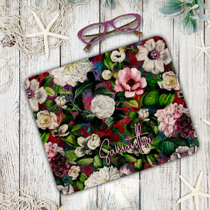 Snyggt blommigt rosa blommor röd monogram mönster musmatta