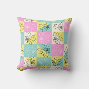 Snyggt Blommigt rosa teal & gult Pastel Checked Kudde