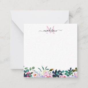 Snyggt Blommigt Rosa Vita Peony Monogram ej Anteckningskort