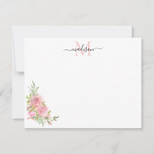 Snyggt Blommigt Rosa Watercolor Ro Monogram Anteckningskort