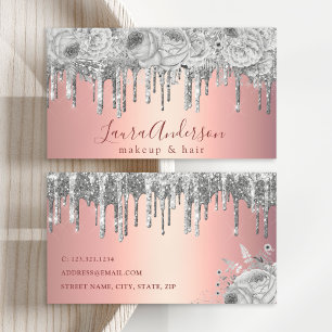 Snyggt blommigt silver glitter droppar makeup & hå visitkort