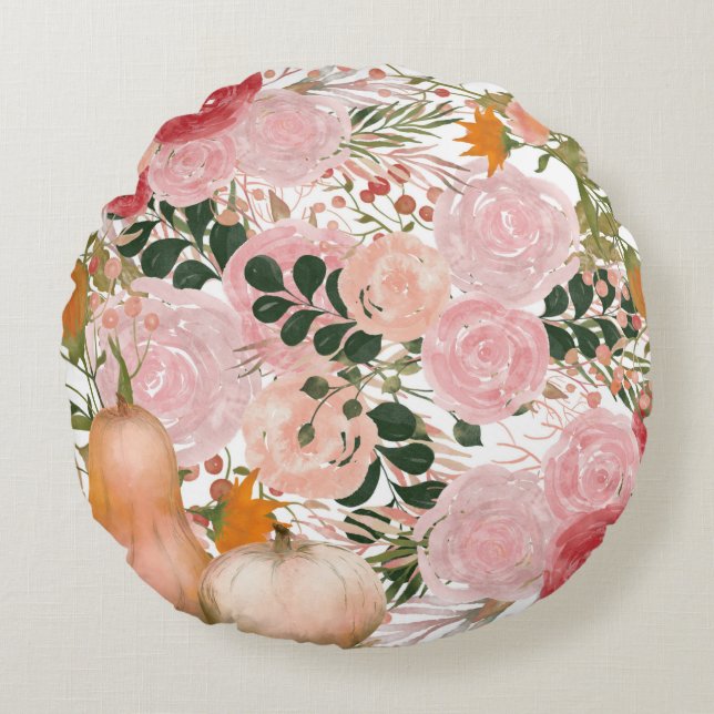 Snyggt Blommönster med Bright Höst löv Rund Kudde (Framsidan)